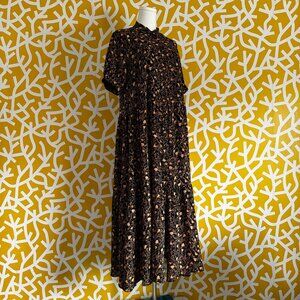 Weekday Super Flowy Floral Button Down Black Orange Maxi Dress - XS/Small